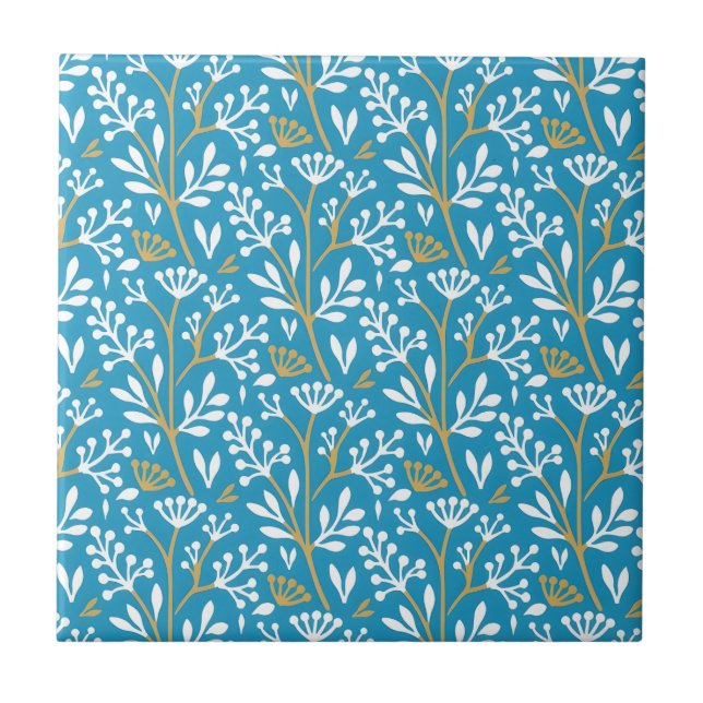 Azulejo De Cerâmica Seamless Floral Pattern: White and Gold on Blue (Frente)