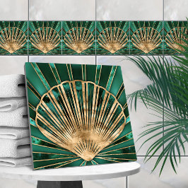 Azulejo De Cerâmica Seashell Art Deco - Malachite e Dourado