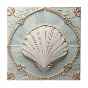 Azulejo De Cerâmica Seashell Art Nouveau Faux Alivio Mint Azul e Doura