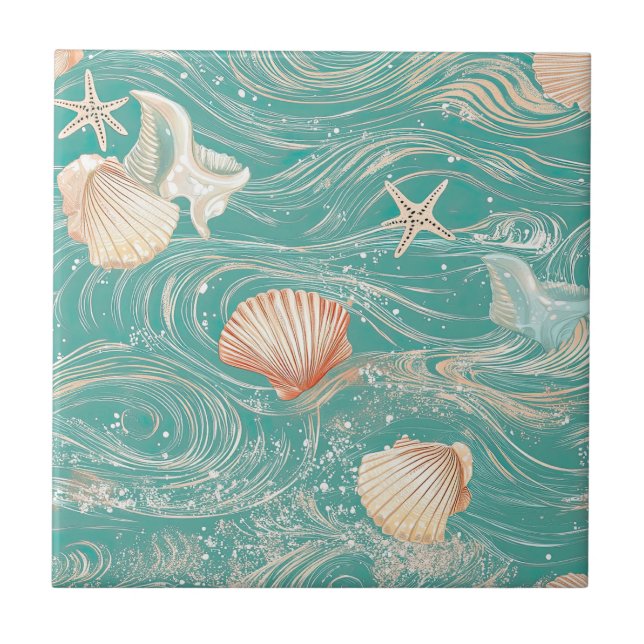 Azulejo De Cerâmica Seashells and Ocean Waves Pattern (10) (Frente)