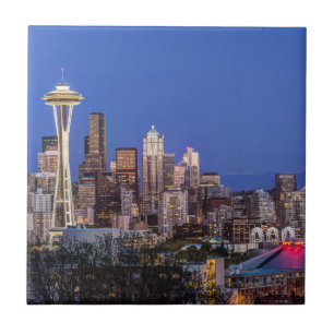 Azulejo De Cerâmica Seattle, Downtown e Mt. Rainier ao Crepúsculo