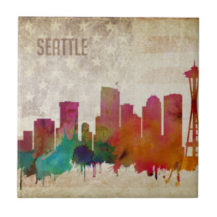 Azulejo De Cerâmica Seattle, skyline da cidade da aguarela de WA  