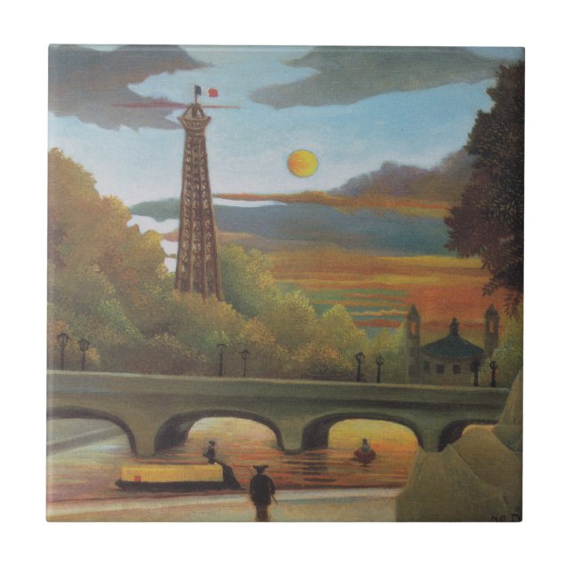 Azulejo De Cerâmica Seine e Eiffel Tower no Sunset por Henri Rousseau (Frente)