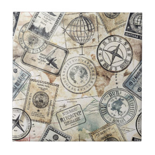 Azulejo De Cerâmica Selo de Passaporte Rústico Padrão de Viagem (4)