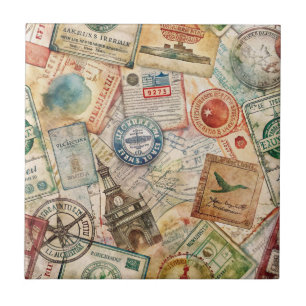 Azulejo De Cerâmica Selo de Passaporte Rústico Padrão de Viagem (5)