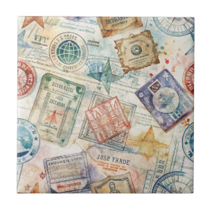 Azulejo De Cerâmica Selo de Passaporte Rústico Padrão de Viagem (7)