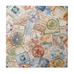 Azulejo De Cerâmica Selo de Passaporte Rústico Padrão de Viagem (9)