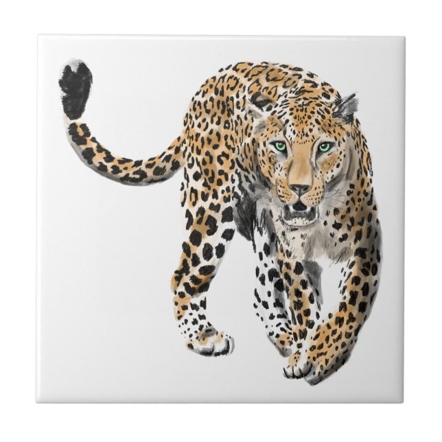 Azulejo De Cerâmica selva de leopardo-d-água pintada de verde-animal (Frente)