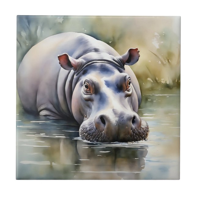 Azulejo De Cerâmica Selvagem Serenity Watercolor Hippo (Frente)