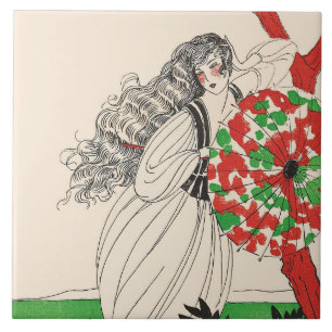 Azulejo De Cerâmica SENHORA COM A Arte UMBRELLA Deco Cabelo da Moda