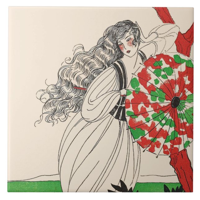 Azulejo De Cerâmica SENHORA COM A Arte UMBRELLA Deco Cabelo da Moda (Frente)
