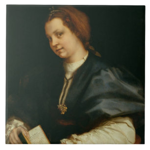 Azulejo De Cerâmica Senhora com o livro do verso por Petrarch, c.1514