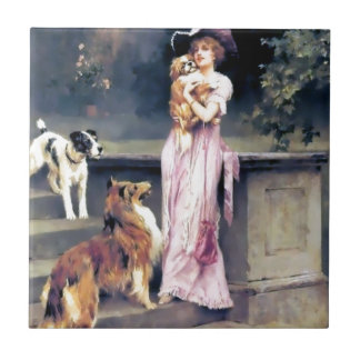 Azulejo De Cerâmica Senhora do Victorian com animais de estimação do