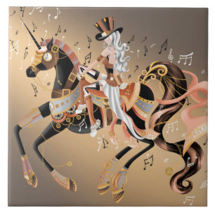 Azulejo De Cerâmica Senhora e Cavalo Mecânico Steampunk