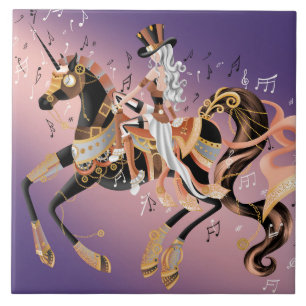 Azulejo De Cerâmica Senhora e Cavalo Mecânico Steampunk