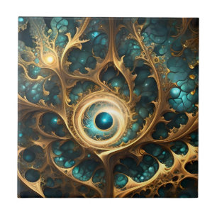 Azulejo De Cerâmica Sentido De Arte Fractal Dourada E Teal,