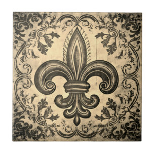 Azulejo De Cerâmica Sepia Fleur de Lis, antiga, aflita