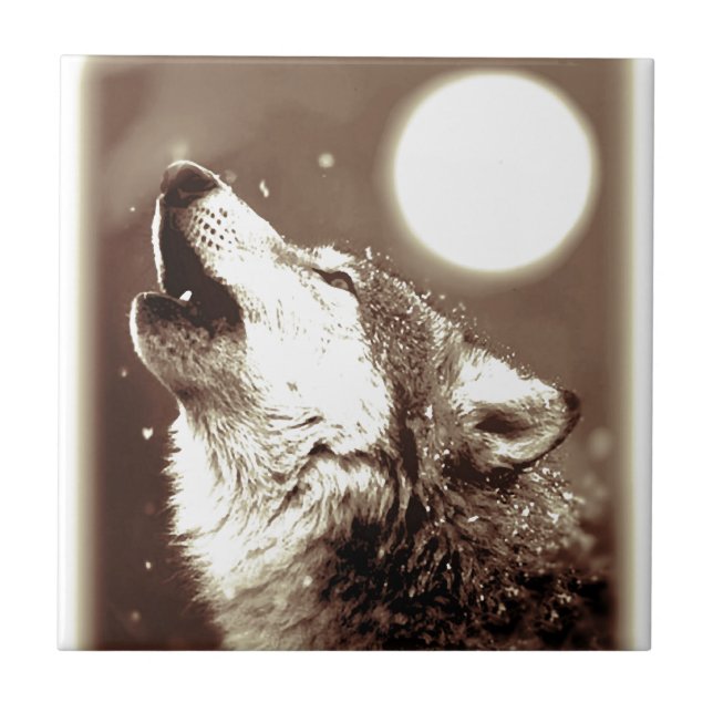 Azulejo De Cerâmica Sepia Wolf & Moon (Frente)