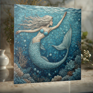 Azulejo De Cerâmica Sereia Aquamarina Mosaico Oceano Arte Coral Lumino