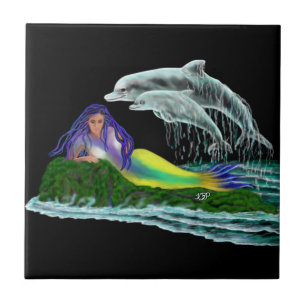 Azulejo De Cerâmica Sereia com golfinhos