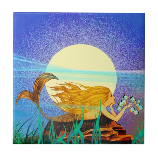 Azulejo De Cerâmica Sereia com Peixe e Lua (Frente)