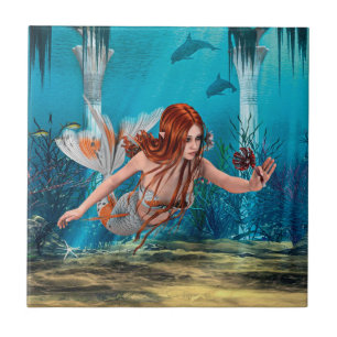 Azulejo De Cerâmica Sereia de Cabelo Vermelho Arte de Fantasia Subaquá