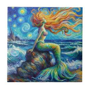 Azulejo De Cerâmica Sereia de Cabelo Vermelho Estilo Van Gogh