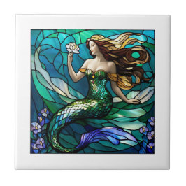 Azulejo De Cerâmica Sereia de vidro contida admirando uma flor