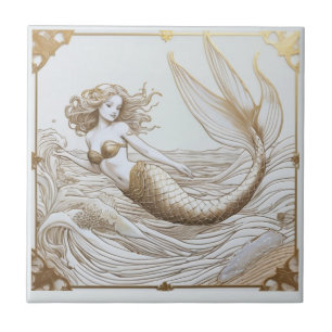 Azulejo De Cerâmica Sereia Dourada e branca e ondas oceânicas viradas 