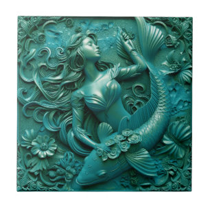 Azulejo De Cerâmica Sereia e Peixe - Efeito 3D
