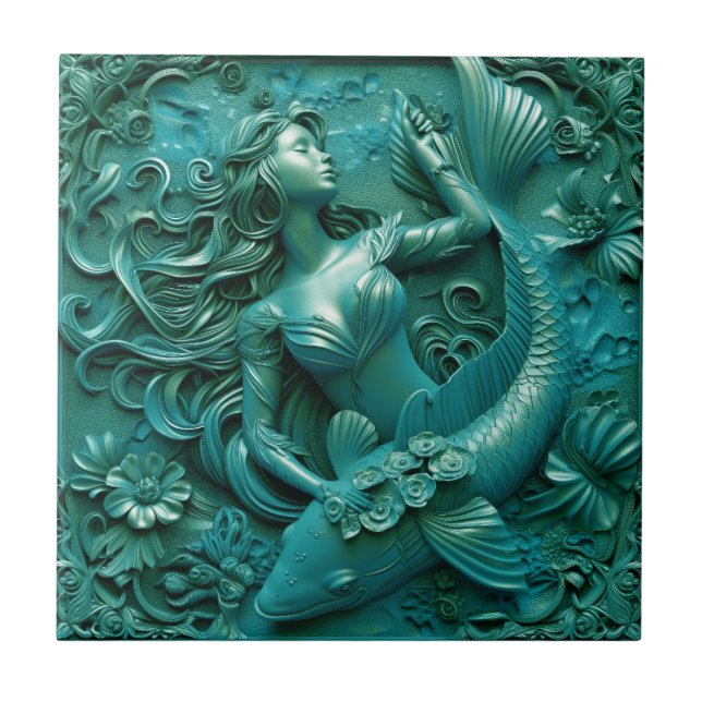 Azulejo De Cerâmica Sereia e Peixe - Efeito 3D (Frente)