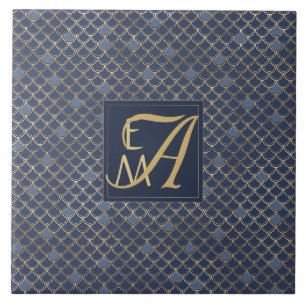 Azulejo De Cerâmica Sereia Escala Monograma Marinho Azul Dourado Casa