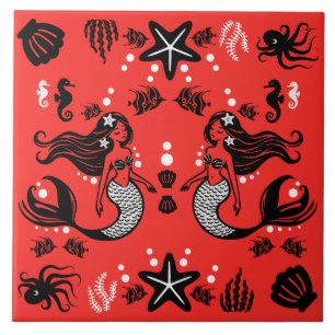 Azulejo De Cerâmica Sereia Infantil Vermelho Rosa