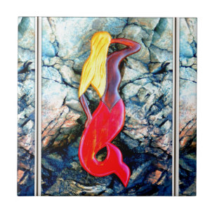 Azulejo De Cerâmica sereia loira em vermelho