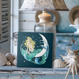 Azulejo De Cerâmica Sereia Loira Lua Crescente Arte Deco Fantasia