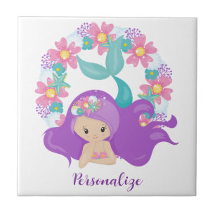 Azulejo De Cerâmica Sereia Menina Bonita Rosa Roxo Personalizado