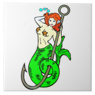 Azulejo De Cerâmica sereia redheaded da verde-cauda