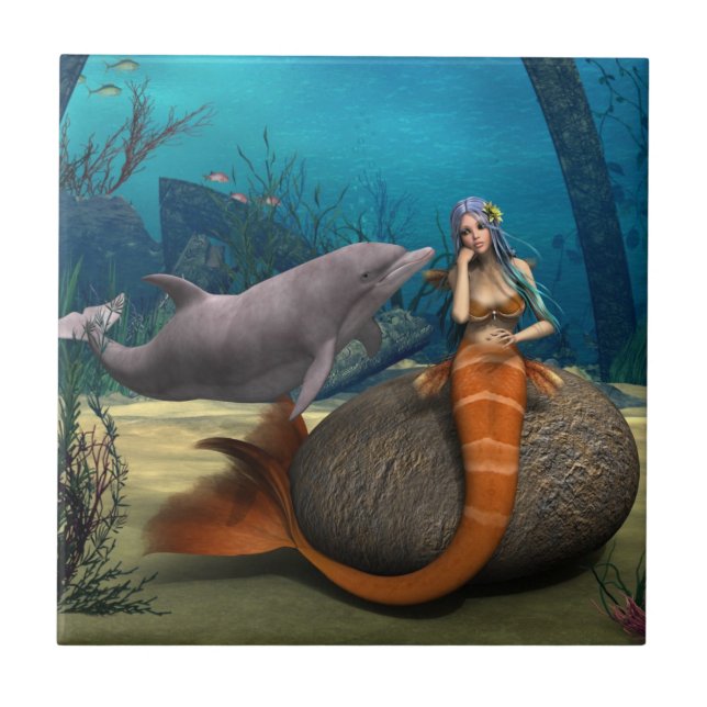 Azulejo De Cerâmica Sereia Sonhadora Golfinho Arte Fantasia Subaquátic (Frente)