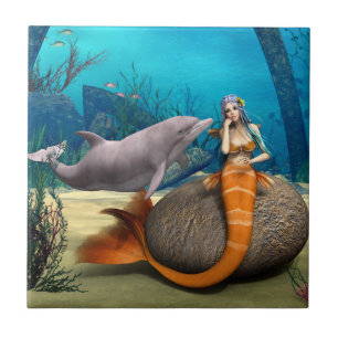 Azulejo De Cerâmica Sereia Sonhadora Golfinho Arte Fantasia Subaquátic