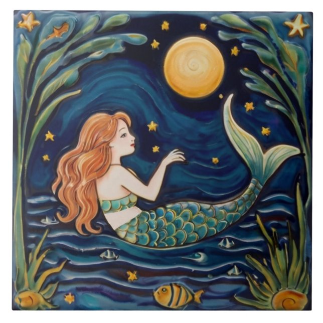 Azulejo De Cerâmica Sereia Starry Night Sea Fairytalt Marinho Azul (Frente)
