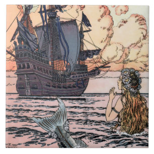 Azulejo De Cerâmica Sereia Vintage No Mar Olhando Para O Navio De Nave