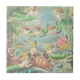 Azulejo De Cerâmica Sereias Vintage com Caranguejo e Peixes Náuticos