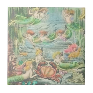 Azulejo De Cerâmica Sereias Vintage com Caranguejo e Peixes Náuticos