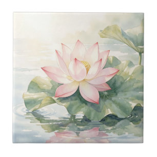 Azulejo De Cerâmica Serenidade do Lótus Rosa em Aquarela