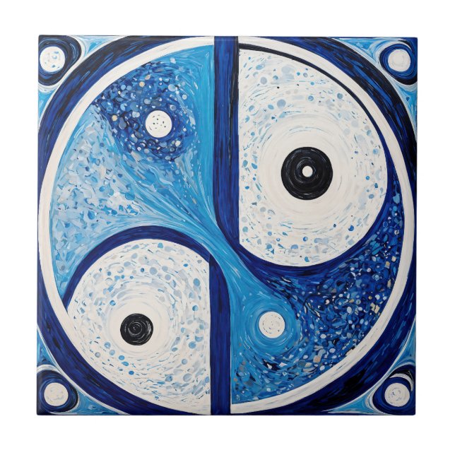 Azulejo De Cerâmica Serenidade Geométrica: Yin Yang Azul e Branco (Frente)