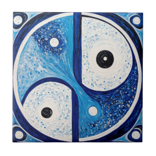 Azulejo De Cerâmica Serenidade Geométrica: Yin Yang Azul e Branco