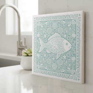 Azulejo De Cerâmica Série de Vida Costeira Peixe Teal D1208