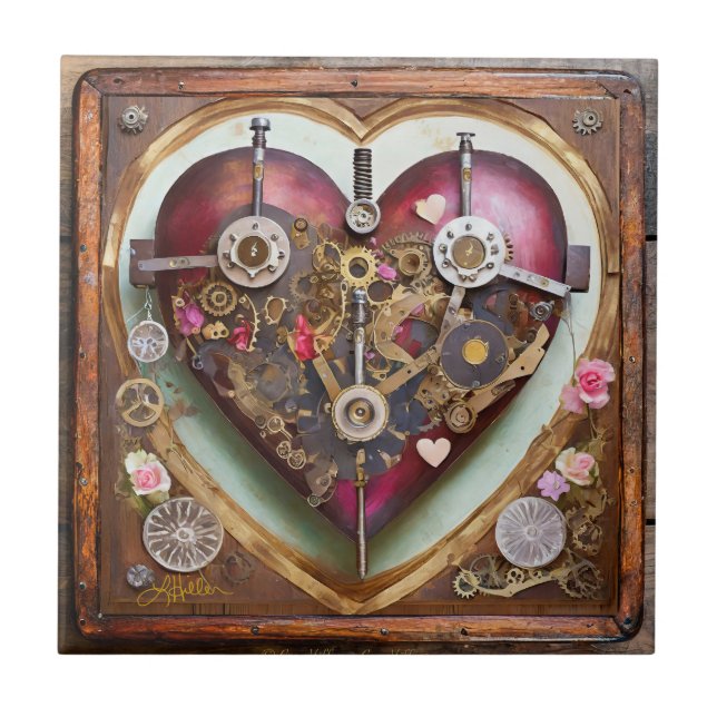 Azulejo De Cerâmica Série Steampunk Coração Vermelho Buff (Frente)