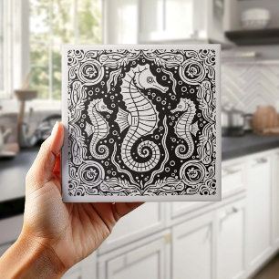 Azulejo De Cerâmica Série Vida Costeira Cavalo-Marinho B & W D1208