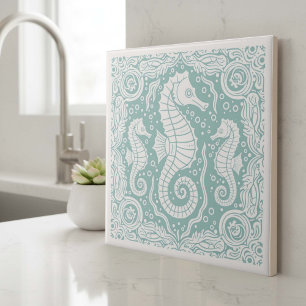 Azulejo De Cerâmica Série Vida Costeira Cavalo-Marinho Verde-Azul D120